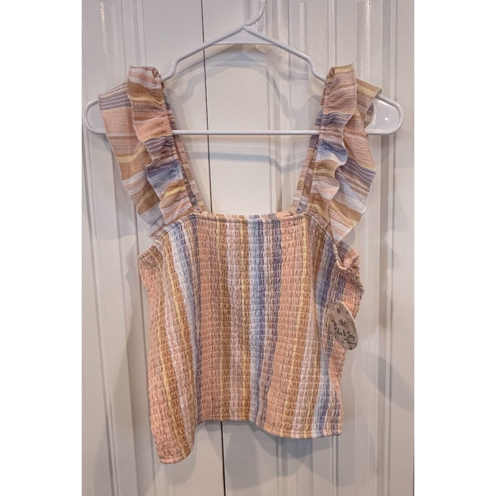 Jolie & Joy Smocked Striped Ruffle Strap Crop Tank Top Pastel Boho Cottagecore L
